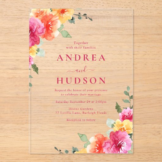 はっきりした&鮮やか春サマーフローラ結婚ズ アクリル招待状 (正面)