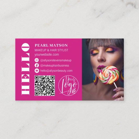 はっきりしたhello neon pink qr photo logoソーシャルメディア 名刺 (正面)