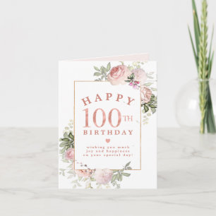 はなやかなゴールドの100歳の誕生日カード (濃いバラ色の花) 招待状