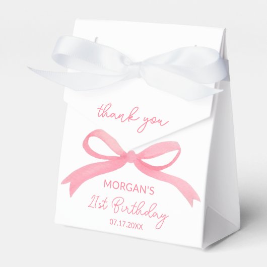はにかみピンクの弓の誕生日パーティーお礼名前 フェイバーボックス (正面サイド)