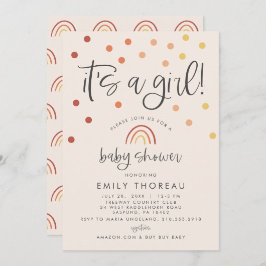 はにかみピンク パステル テラコッタ レインボー 女の子だよ 招待状 (正面/裏面)