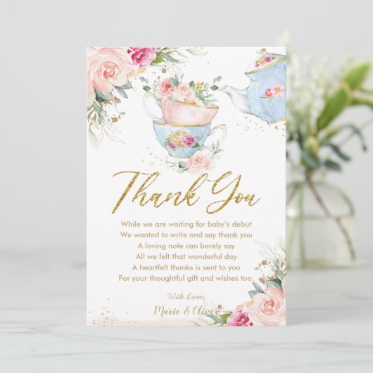 はにかむようなピンクの花の茶会 ベイビーシャワー 誕生日 サンキューカード (スタンド正面)
