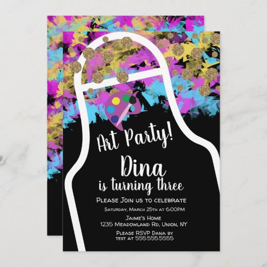 （ばちゃばちゃ）跳ねるア絵画ートエプロンアートバースデーパーティー 招待状 (正面/裏面)