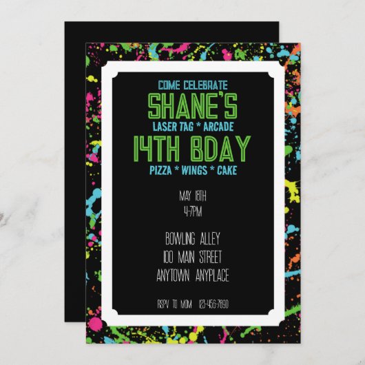 (ばちゃばちゃ)跳ねるペイントボール誕生日招待状 招待状 (正面/裏面)