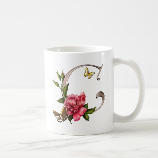 ばら色および蝶が付いているモノグラムの手紙C コーヒーマグカップ (右)