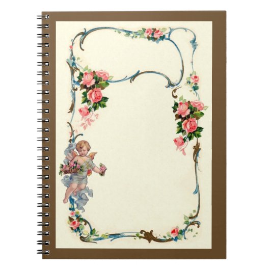 ばら色かわいらしいヴィンテージ及び天使のボーダー装飾 ノートブック (正面)
