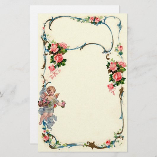 ばら色かわいらしいヴィンテージ及び天使のボーダー装飾 便箋 (正面/裏面)