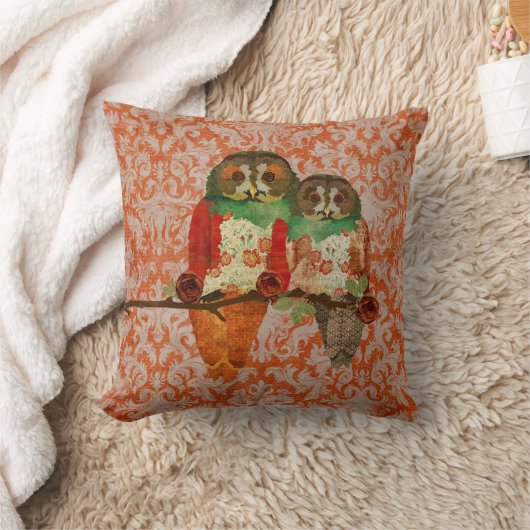 ばら色のフクロウのこはく色のダマスク織のMoJoの枕 クッション (ブランケット)