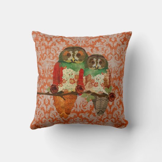 ばら色のフクロウのこはく色のダマスク織のMoJoの枕 クッション (裏面)