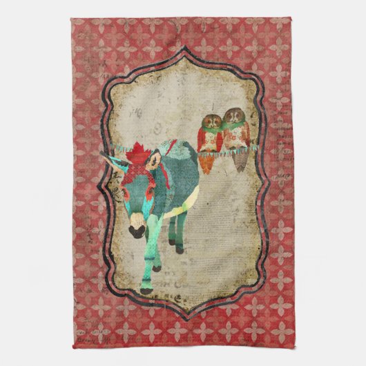 ばら色のフクロウ及びルビー色のろばタオル キッチンタオル (縦)