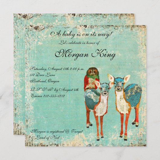 ばら色のフクロウ及び紺碧のシカのベビーシャワーの招待状 招待状 (正面/裏面)