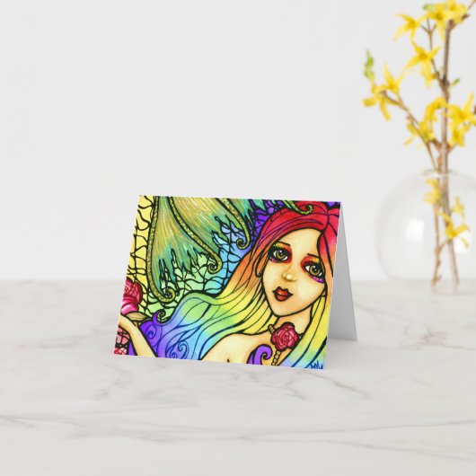 ばら色の人魚のかわいらしい虹のブランクのメッセージカード カード (黄色い花)