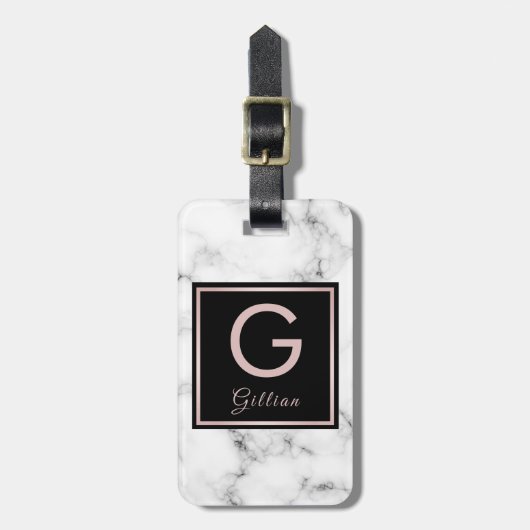 ばら色の大理石のばら色の金ゴールドのモノグラムのな名前 ラゲッジタグ (正面縦)