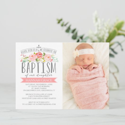 ばら色の旗のピンクの洗礼の招待状 招待状 (スタンド正面)