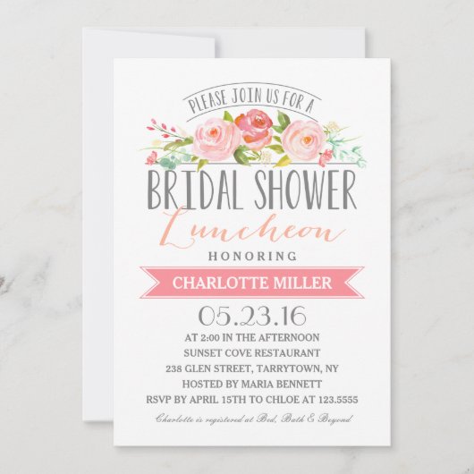 ばら色の旗の昼食会のブライダルシャワー 招待状 (正面)