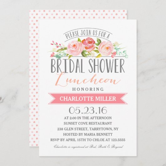 ばら色の旗の昼食会のブライダルシャワー 招待状 (正面/裏面)