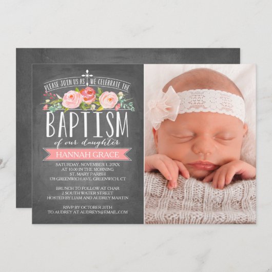 ばら色の旗の黒板のピンクの洗礼の招待状 招待状 (正面/裏面)