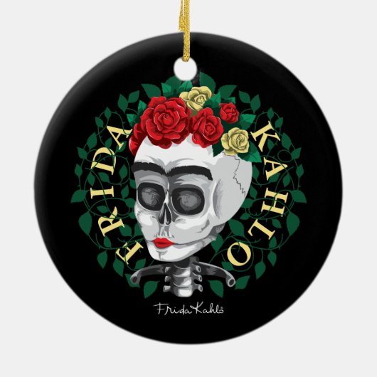ばら色の王冠が付いているフリーダ・カーロ|のスカル セラミックオーナメント (裏面)