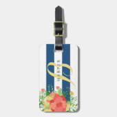 ばら色の花束及び青い縞の名前をカスタムする ラゲッジタグ (正面縦)