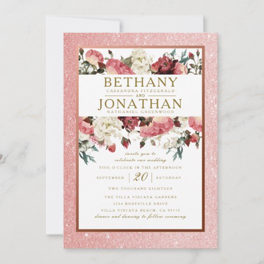 ばら色の金ゴールドおよびバーガンディの花柄の結婚式招待状 招待状 (正面)