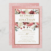 ばら色の金ゴールドおよびバーガンディの花柄の結婚式招待状 招待状 (正面/裏面)