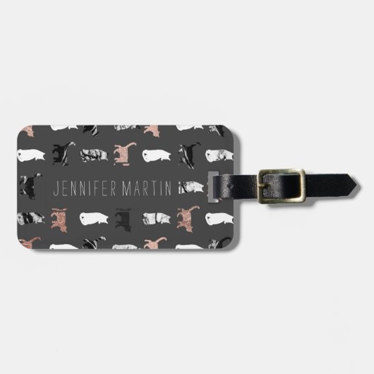 ばら色の金ゴールドおよび白黒大理石の子猫猫 ラゲッジタグ (正面横)