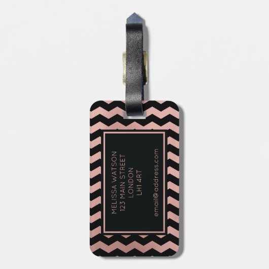 ばら色の金ゴールドおよび黒いシェブロンの荷物のラベル ラゲッジタグ (裏面縦)