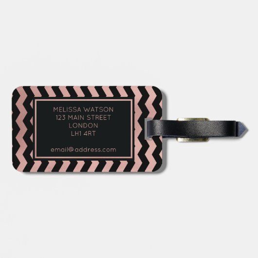 ばら色の金ゴールドおよび黒いシェブロンの荷物のラベル ラゲッジタグ (裏面横)