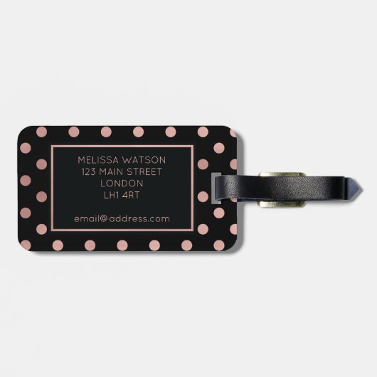 ばら色の金ゴールドおよび黒い水玉模様の荷物のラベル ラゲッジタグ (裏面横)