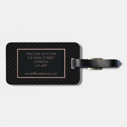 ばら色の金ゴールドおよび黒い水玉模様の荷物のラベル ラゲッジタグ (裏面横)