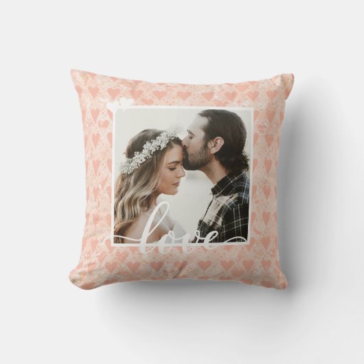 ばら色の金ゴールドのあなた自身のカスタムな写真愛ハートを加えて下さい クッション (正面)