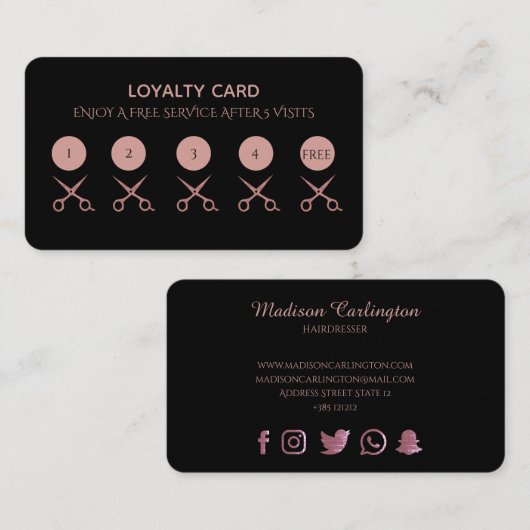 ばら色の金ゴールドのはさみとのシンプルな黒 ロイヤリティカード (正面/裏面)