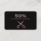 ばら色の金ゴールドのはさみとのシンプルな黒 割引カード (正面)