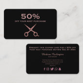 ばら色の金ゴールドのはさみとのシンプルな黒 割引カード (正面/裏面)