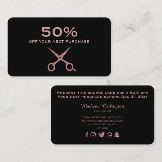 ばら色の金ゴールドのはさみとのシンプルな黒 割引カード (正面/裏面)