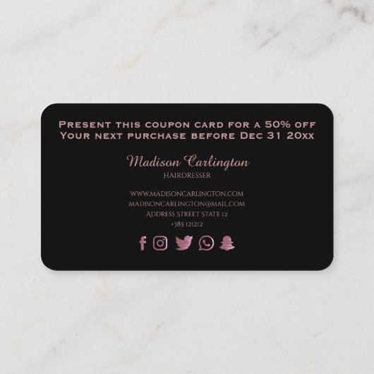 ばら色の金ゴールドのはさみとのシンプルな黒 割引カード (裏面)