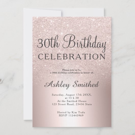 ばら色の金ゴールドのグリッターのグラデーションな金属第30誕生日 招待状 (正面)