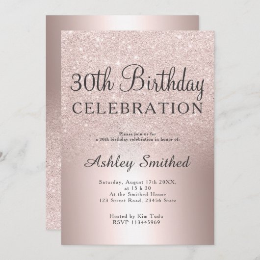 ばら色の金ゴールドのグリッターのグラデーションな金属第30誕生日 招待状 (正面/裏面)