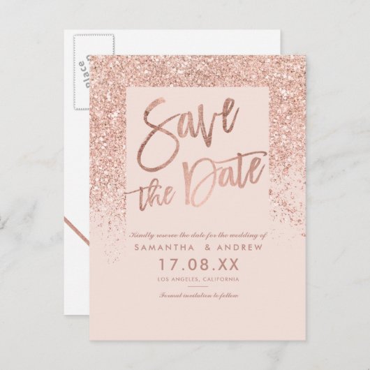 ばら色の金ゴールドのグリッターのシックな赤面のピンクの保存日付 案内ポストカード (正面/裏面)