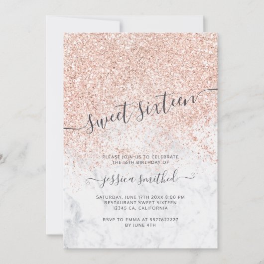 ばら色の金ゴールドのグリッターのタイポグラフィの大理石の菓子16 招待状 (正面)