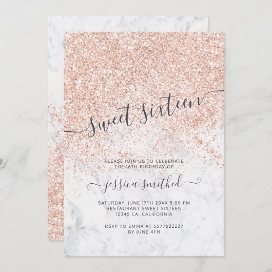ばら色の金ゴールドのグリッターのタイポグラフィの大理石の菓子16 招待状 (正面/裏面)