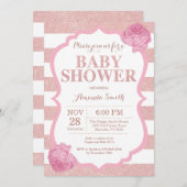 ばら色の金ゴールドのグリッターのピンクの花の女の子のベビーシャワー 招待状 (正面/裏面)
