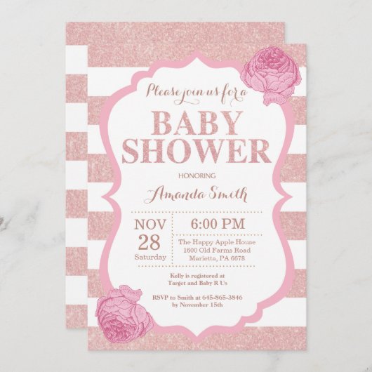 ばら色の金ゴールドのグリッターのピンクの花の女の子のベビーシャワー 招待状 (正面/裏面)