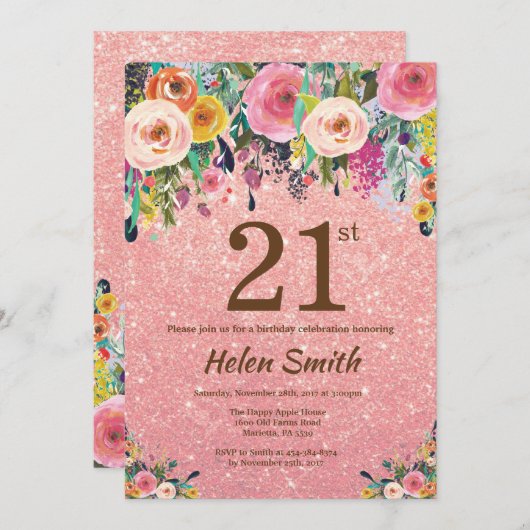 ばら色の金ゴールドのグリッターのピンクの花柄の第21誕生日 招待状 (正面/裏面)