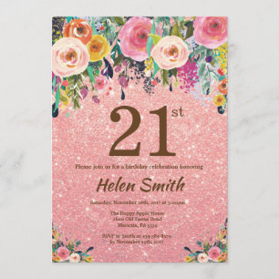ばら色の金ゴールドのグリッターのピンクの花柄の第21誕生日 招待状