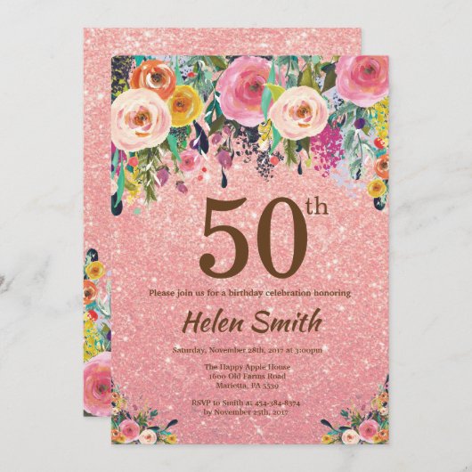 ばら色の金ゴールドのグリッターのピンクの花柄の第50誕生日 招待状 (正面/裏面)