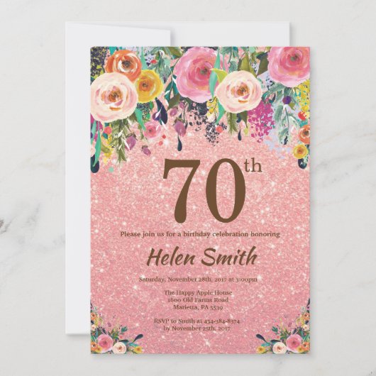 ばら色の金ゴールドのグリッターのピンクの花柄の第70誕生日 招待状 (正面)