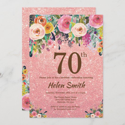 ばら色の金ゴールドのグリッターのピンクの花柄の第70誕生日 招待状 (正面/裏面)