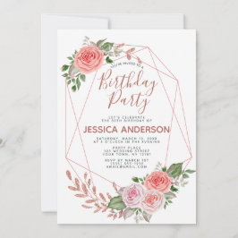 ばら色の金ゴールドのグリッターの幾何学的な花の誕生会 招待状