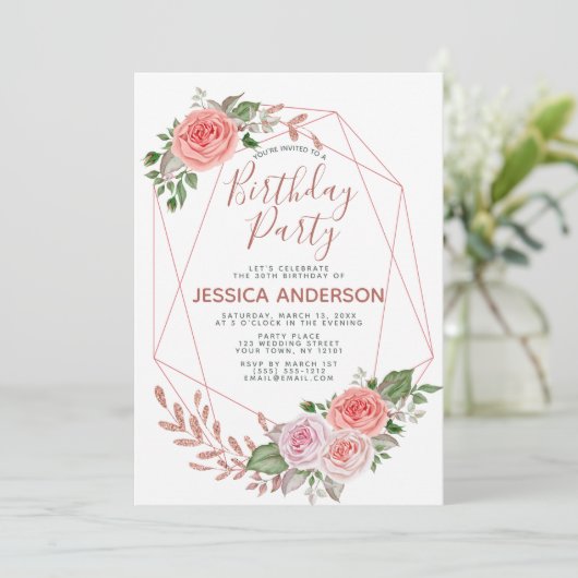 ばら色の金ゴールドのグリッターの幾何学的な花の誕生会 招待状 (スタンド正面)